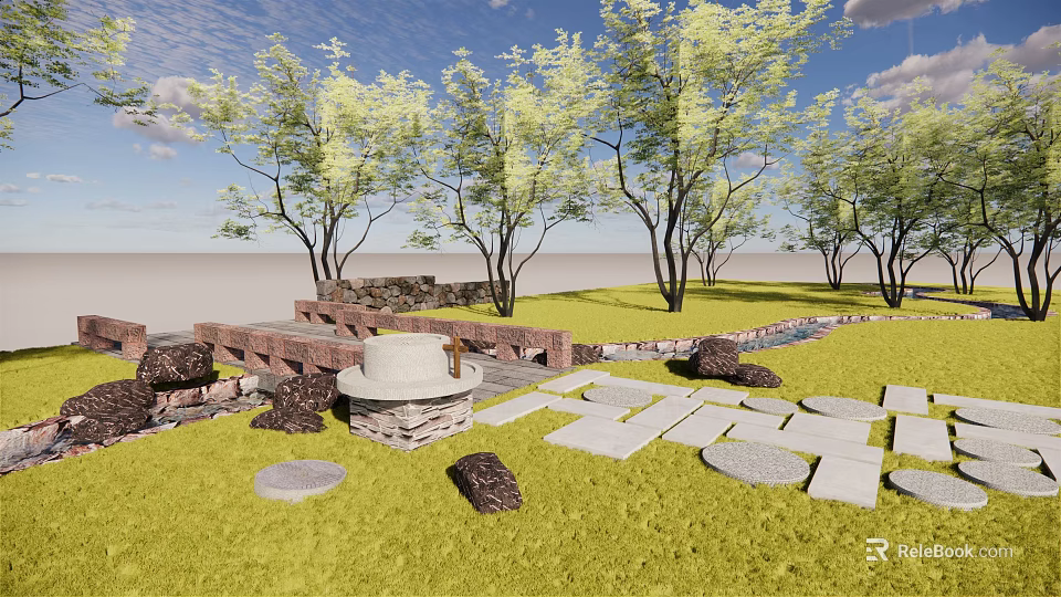 Garden Stepping Stones Path With Stone Slabs Green Grass And Trees 3d model 