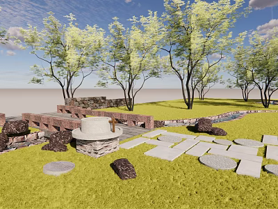 Garden Stepping Stones Path With Stone Slabs Green Grass And Trees 3d model