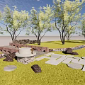 Garden Stepping Stones Path With Stone Slabs Green Grass And Trees