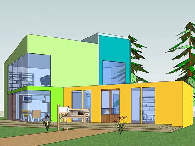 Modern Colorful Office Building With Large Glass Windows And Surrounding Trees 3d model