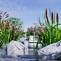 Beautiful Waterfront Landscape With Lush Vegetation Large Stones Flowing Water And Pink Flowers
