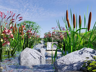 Beautiful Waterfront Landscape With Lush Vegetation Large Stones Flowing Water And Pink Flowers 3d model