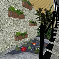 Stone Stairs In Garden With Wooden Barrel Planters And Pond Water Lily Red Flower