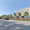 Modern Office Building With Glass Curtain Wall Red Flag Plaza Stone Monument And Red Billboard