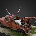 Rusty Old Tow Truck With American Flags On Dirt Ground And Grass