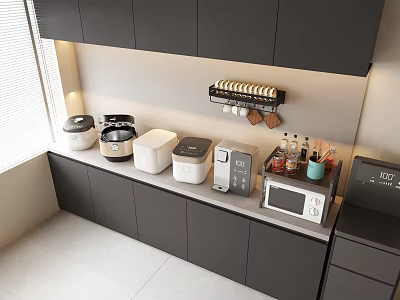 Modern Kitchen With Dark Cabinets And Assorted Kitchenware On Countertop 3d model