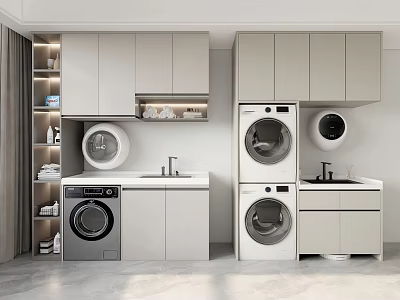Modern Home Balcony Design With Washing Machine Dryer Sink And Storage Cabinets 3d model