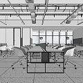 Modern Public Office Space With Long Tables Ergonomic Chairs And Large Windows 3d model