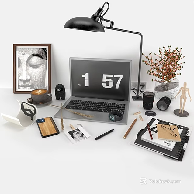Organized Workspace Setup With Laptop Desk Lamp Photo Frame Coffee Cup And Stationery 3d model 