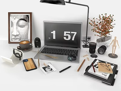 Organized Workspace Setup With Laptop Desk Lamp Photo Frame Coffee Cup And Stationery 3d model