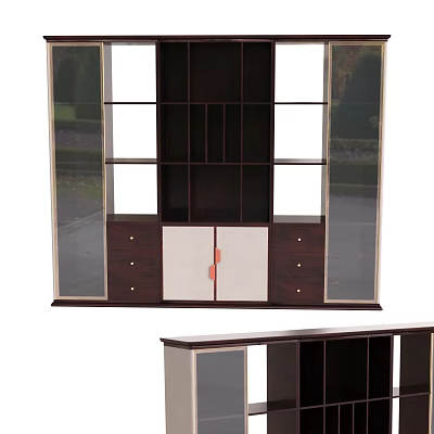 Dark Wood Wine Cabinet With Glass Doors And Multiple Shelves Drawers 3d model