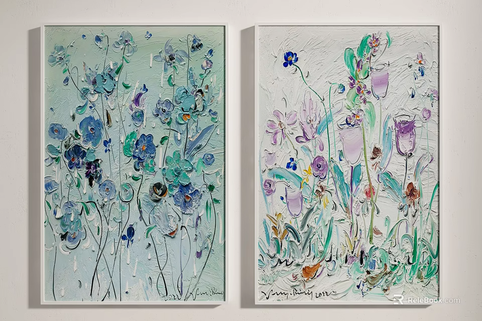 Pair of Botanical Plant Paintings With Vibrant Blue Green Purple Floral Artwork 3d model 