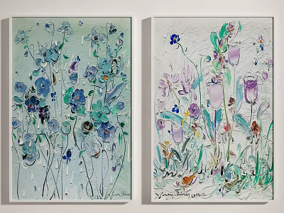 Pair of Botanical Plant Paintings With Vibrant Blue Green Purple Floral Artwork 3d model
