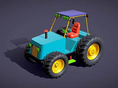 Functional Tractor With Blue Body Red Seat Purple Roof Yellow Rims And Large Tires 3d model