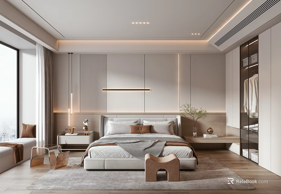 Modern Bedroom Interior Design With Soft Tones Wooden Flooring Pendant Lights And Bedside Tables 3d model 