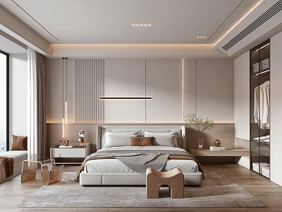 Modern Bedroom Interior Design With Soft Tones Wooden Flooring Pendant Lights And Bedside Tables 3d model