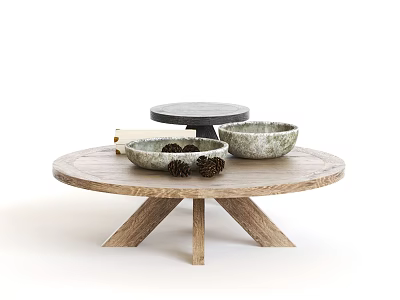 Natural Rustic Wooden Round Coffee Table With Decorative Bowls And Pinecones 3d model