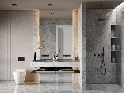Modern Bathroom Interior With Marble Walls Vanity Mirror Recessed Lighting And Shower Area 3d model