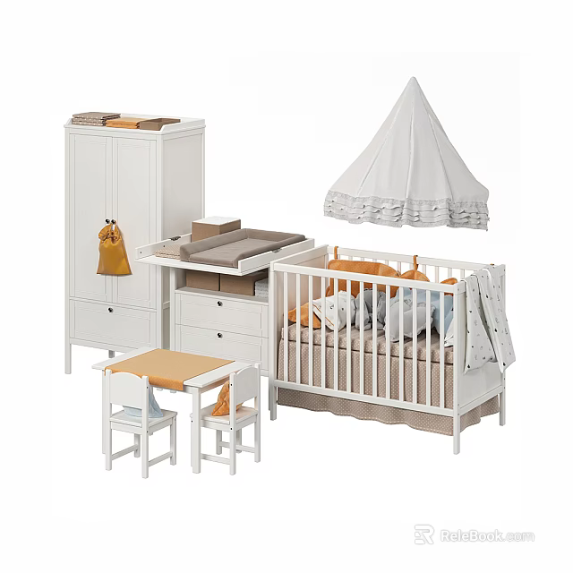White Baby Crib with Canopy Changing Table Storage Cabinet and Toddler Table Chairs 3d model 