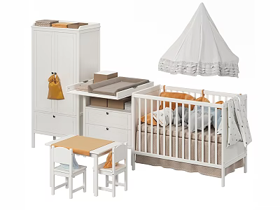White Baby Crib with Canopy Changing Table Storage Cabinet and Toddler Table Chairs 3d model