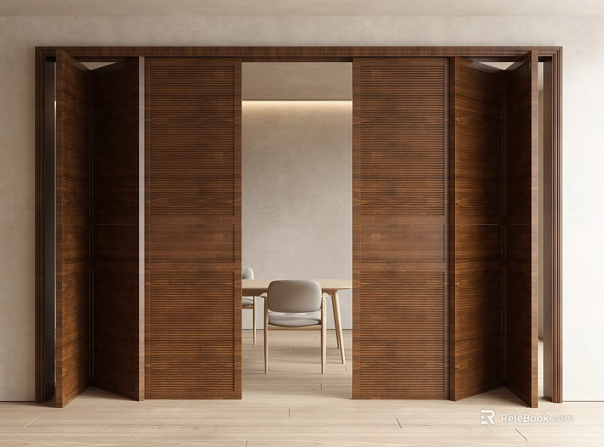 Wooden Folding Doors Open To Modern Room With Table And Chair 3d model 