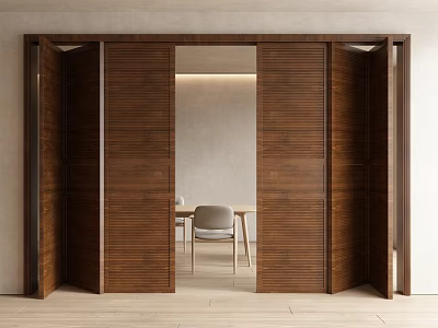 Wooden Folding Doors Open To Modern Room With Table And Chair 3d model