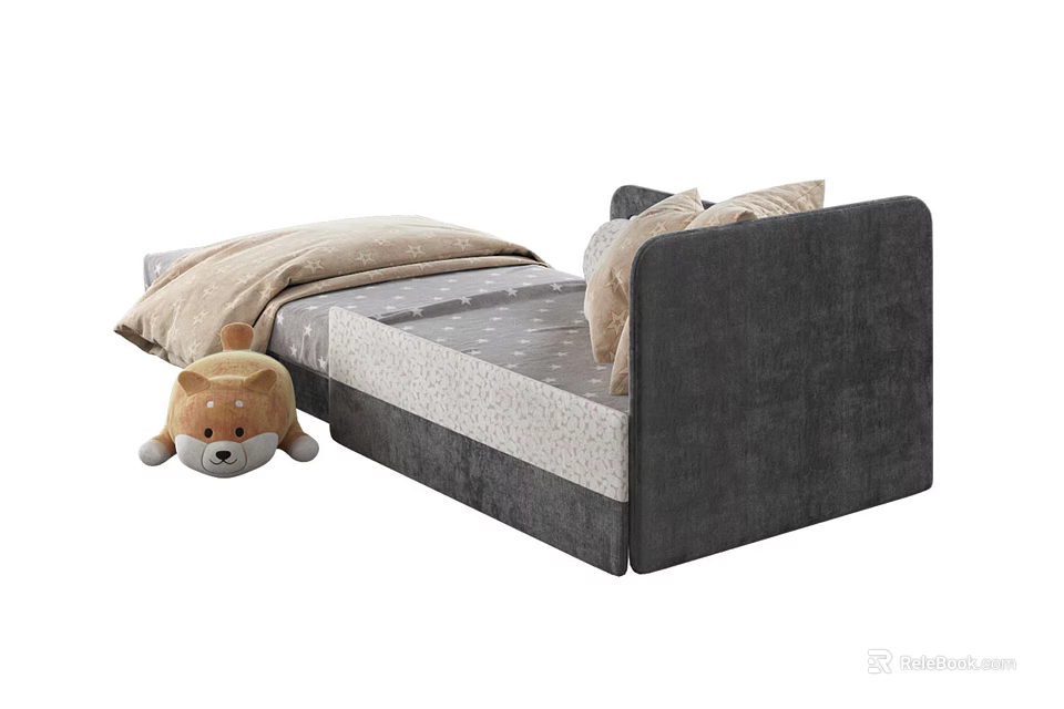Gray Headboard Children's Bed With Light Colored Mattress And Stuffed Toy Bear 3d model 