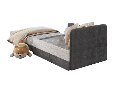 Gray Headboard Children's Bed With Light Colored Mattress And Stuffed Toy Bear 3d model