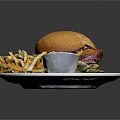 Delicious Homemade Burger Served With Crispy Fries Onion Rings And Ketchup