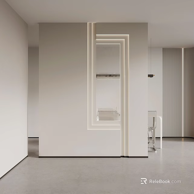 Modern White Partition With Geometric Frames In Minimalist Interior Space With Lighting 3d model