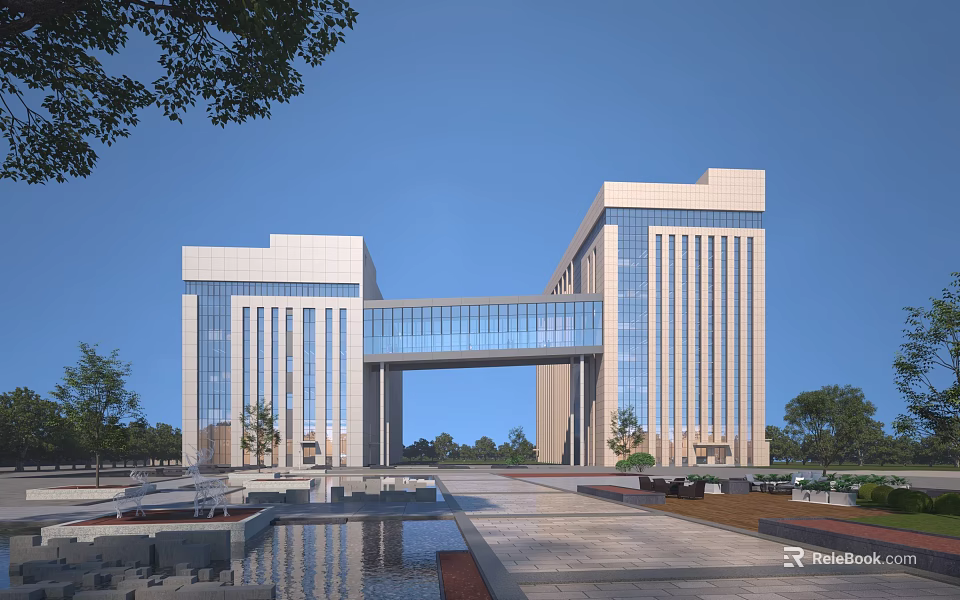 Modern Office Building With Glass Curtain Wall Symmetrical Design Plaza Water Feature And Landscaping 3d model 
