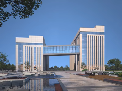 Modern Office Building With Glass Curtain Wall Symmetrical Design Plaza Water Feature And Landscaping 3d model
