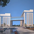 Modern Office Building With Glass Curtain Wall Symmetrical Design Plaza Water Feature And Landscaping