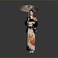 Elegant Woman In Traditional Japanese Kimono With Bamboo Umbrella And Gray Backdrop
