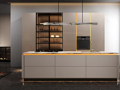 Modern Kitchen Interior Design With Island Counter Cabinets And Hanging Lights 3d model