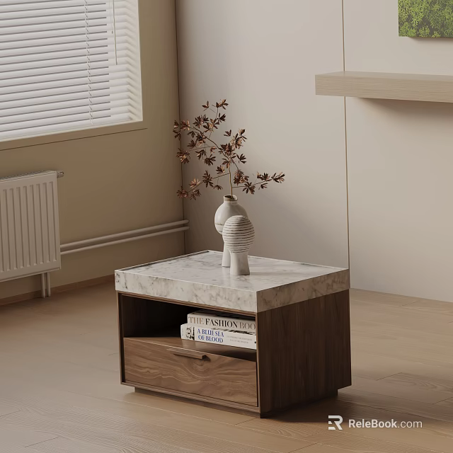 Walnut Wood Nightstand With Marble Top White Vase Dried Flowers And Drawer 3d model 