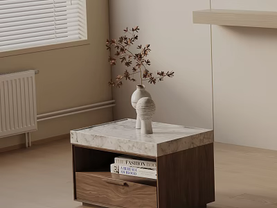 Walnut Wood Nightstand With Marble Top White Vase Dried Flowers And Drawer 3d model