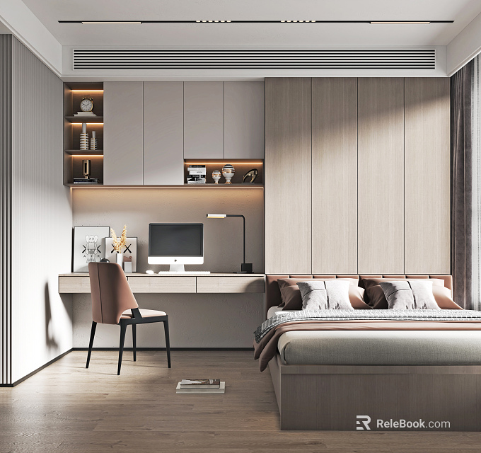 Tatami Bedroom Interior Design With Tatami Bed Desk Chair Built in Cabinets And Warm Lighting 3d model 