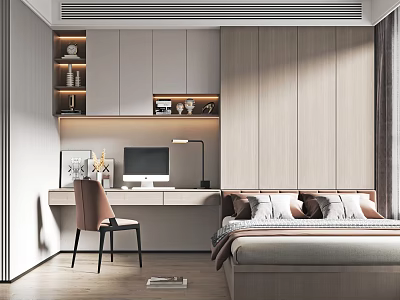 Tatami Bedroom Interior Design With Tatami Bed Desk Chair Built in Cabinets And Warm Lighting 3d model