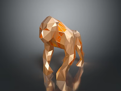 Low Poly Golden Gorilla Sculpture With Geometric Design On Reflective Surface 3d model