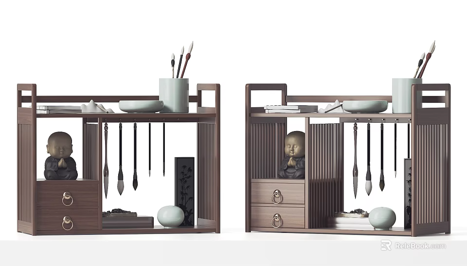 Traditional Chinese Study Decor Featuring Shelves Brushes Ceramics And Buddha 3d model 