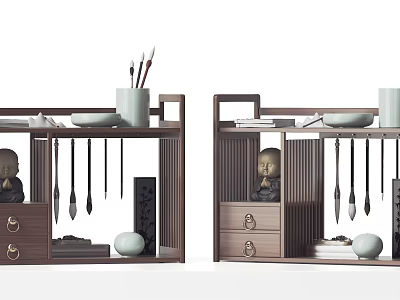 Traditional Chinese Study Decor Featuring Shelves Brushes Ceramics And Buddha 3d model