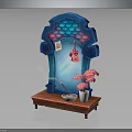 Decorative Blue Arched Structure With Fish Fin Decorations Pink Flowers Incense Burner On Wooden Base