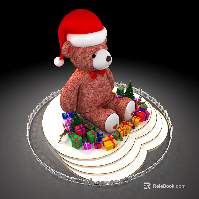 Christmas Teddy Bear Wearing Santa Hat With Gifts Small Trees And Decorative Lights 3d model 