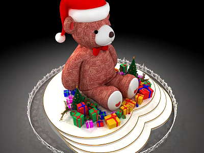 Christmas Teddy Bear Wearing Santa Hat With Gifts Small Trees And Decorative Lights 3d model