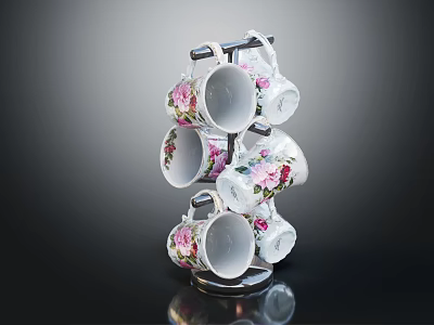 Decorative White Ceramic Mugs With Floral Patterns On Multi Tiered Metal Display Rack 3d model