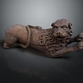 Antique Lion Sculpture Featuring Intricate Carved Details In Reclining Posture