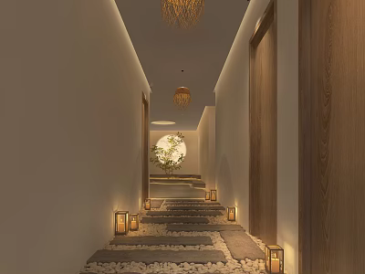 Elevator Hallway With Wooden Doors Stone Slab Steps Hanging Pendant Lights And Wall Lanterns 3d model