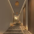 Elevator Hallway With Wooden Doors Stone Slab Steps Hanging Pendant Lights And Wall Lanterns
