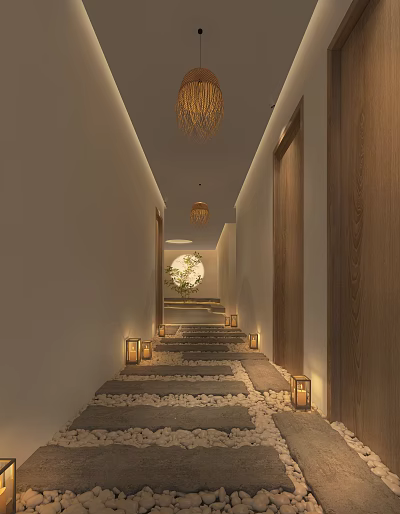 Elevator Hallway With Wooden Doors Stone Slab Steps Hanging Pendant Lights And Wall Lanterns 3d model